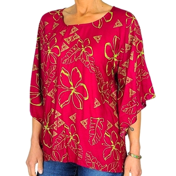 Hula Bay Rayon Blouse Size Small 6 Red Purple Floral Quarter Sleeve Scoop Neck - Picture 3 of 6